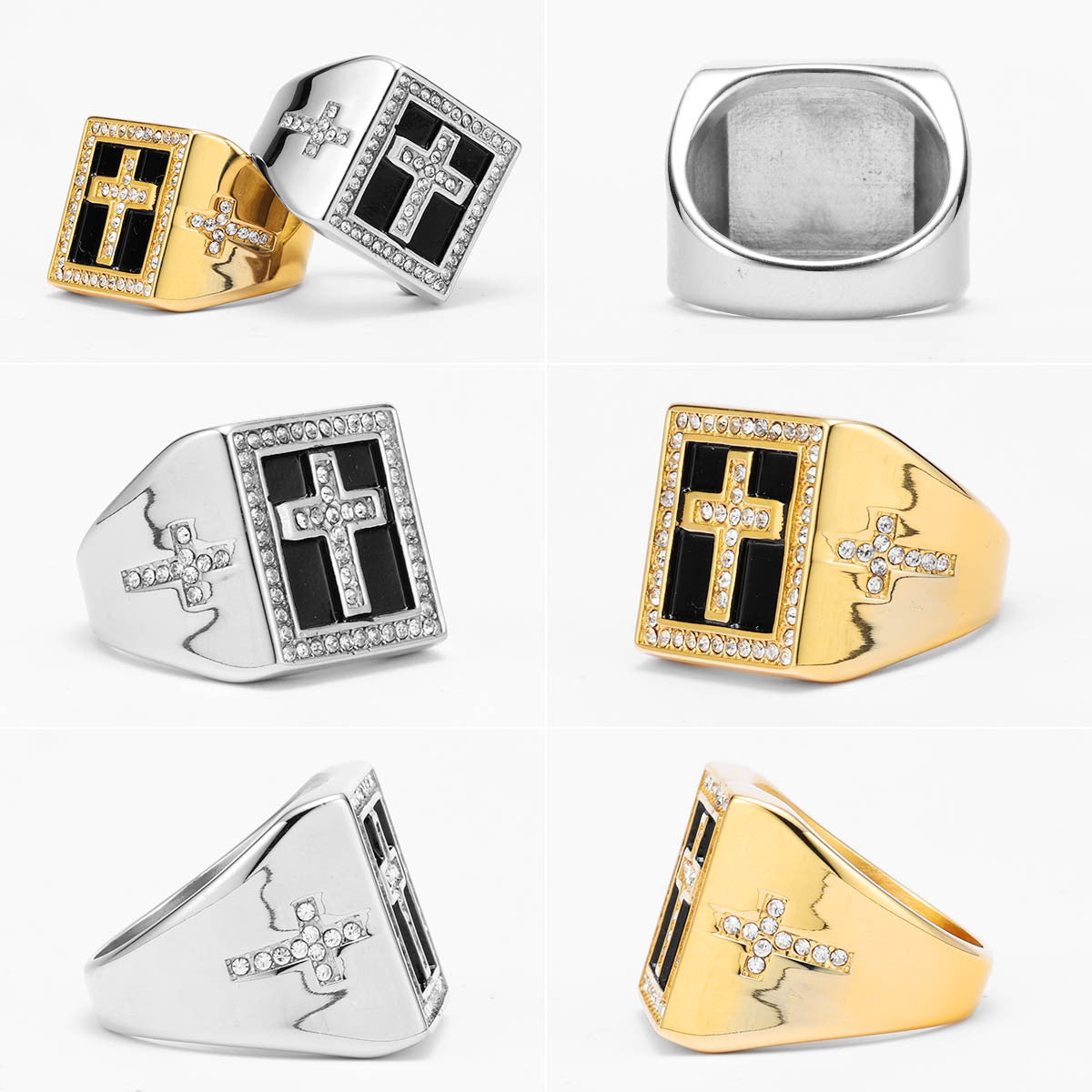 Iced Cross | 14k Gold over No Fade Stainless Steel Hip Hop Cross Blinged Out Rings