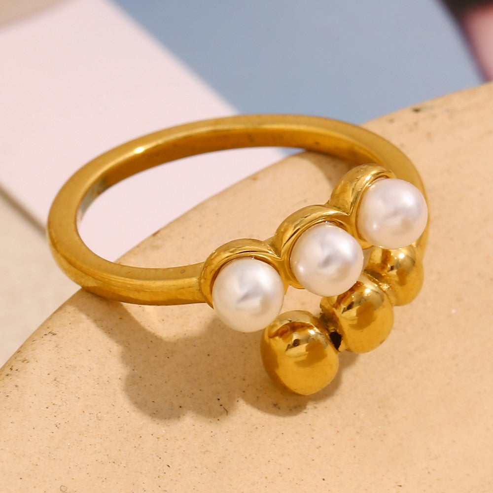 Ladies 18k Gold Elegant Round Pearl Beads Stainless Steel Waterproof Rings