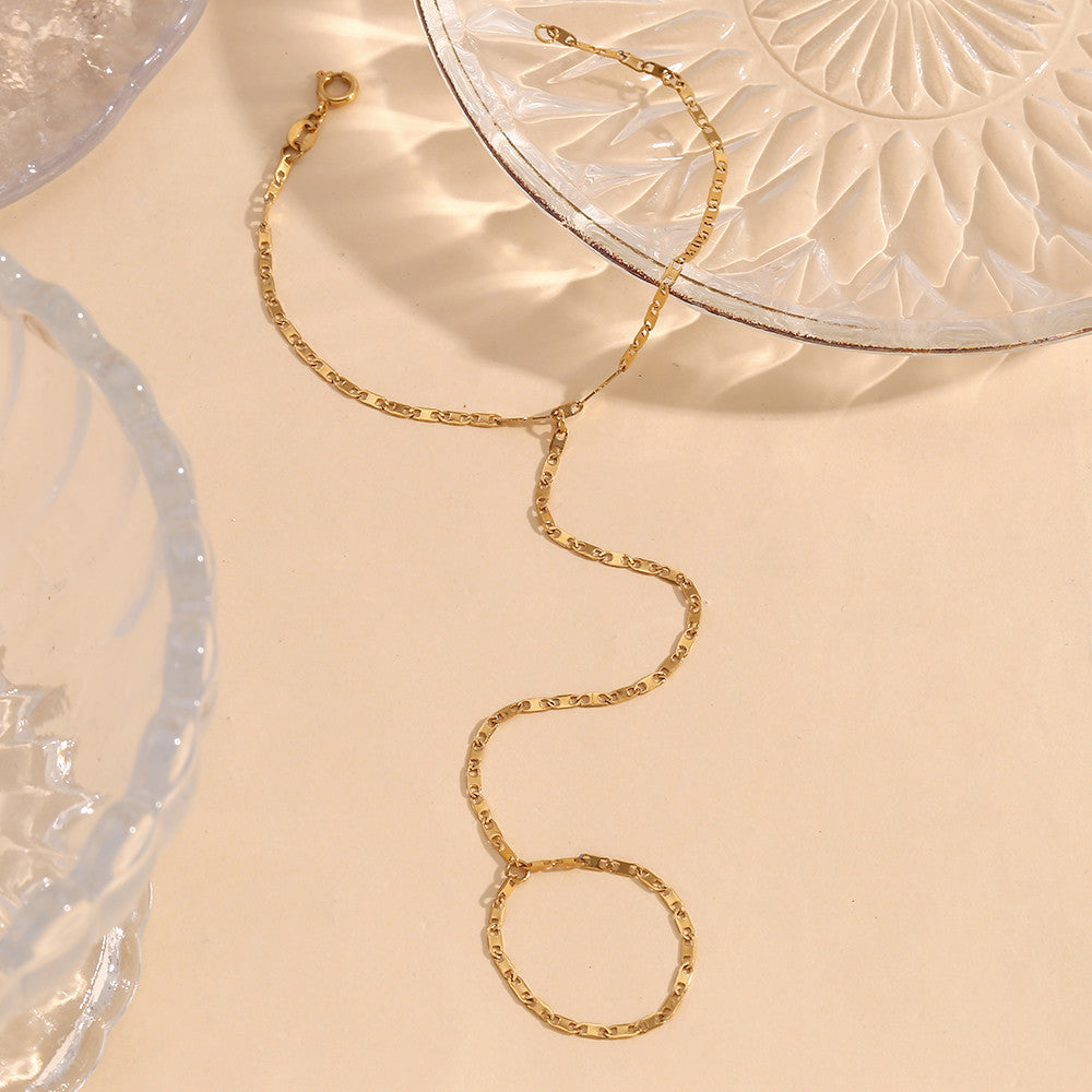 Ladies Waterproof Stainless Steel 18K Gold Plated Hand Chain Finger Ring Bracelet