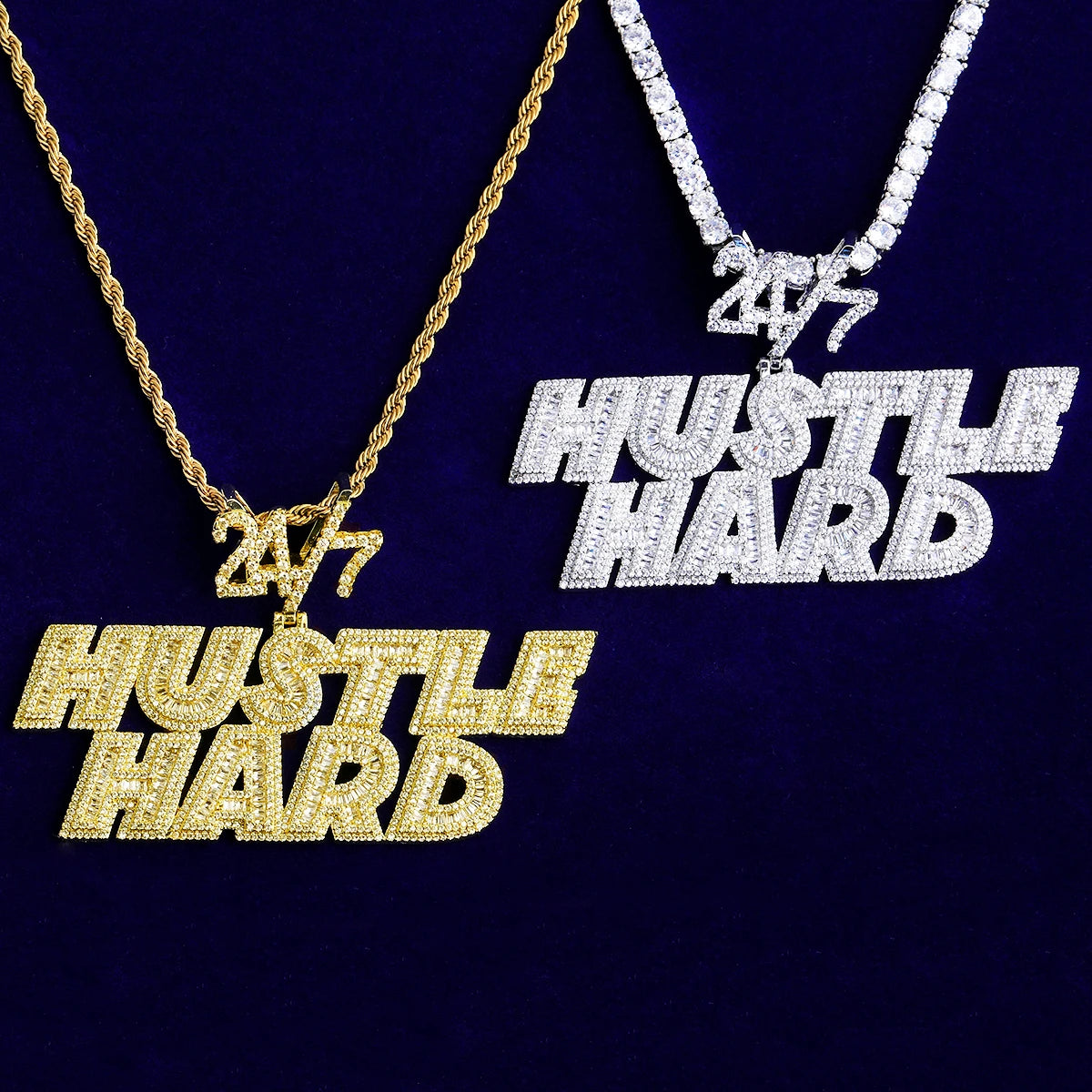 Hustle Hard | VVS Diamond CZ 5AA+ Luxury 24/7 Bail Hip Hop Pendant Chain