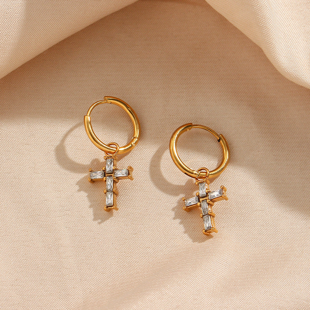 18k Gold Stainless Steel Waterproof Bling CZ Charm Cross Heart Butterfly Star Earrings