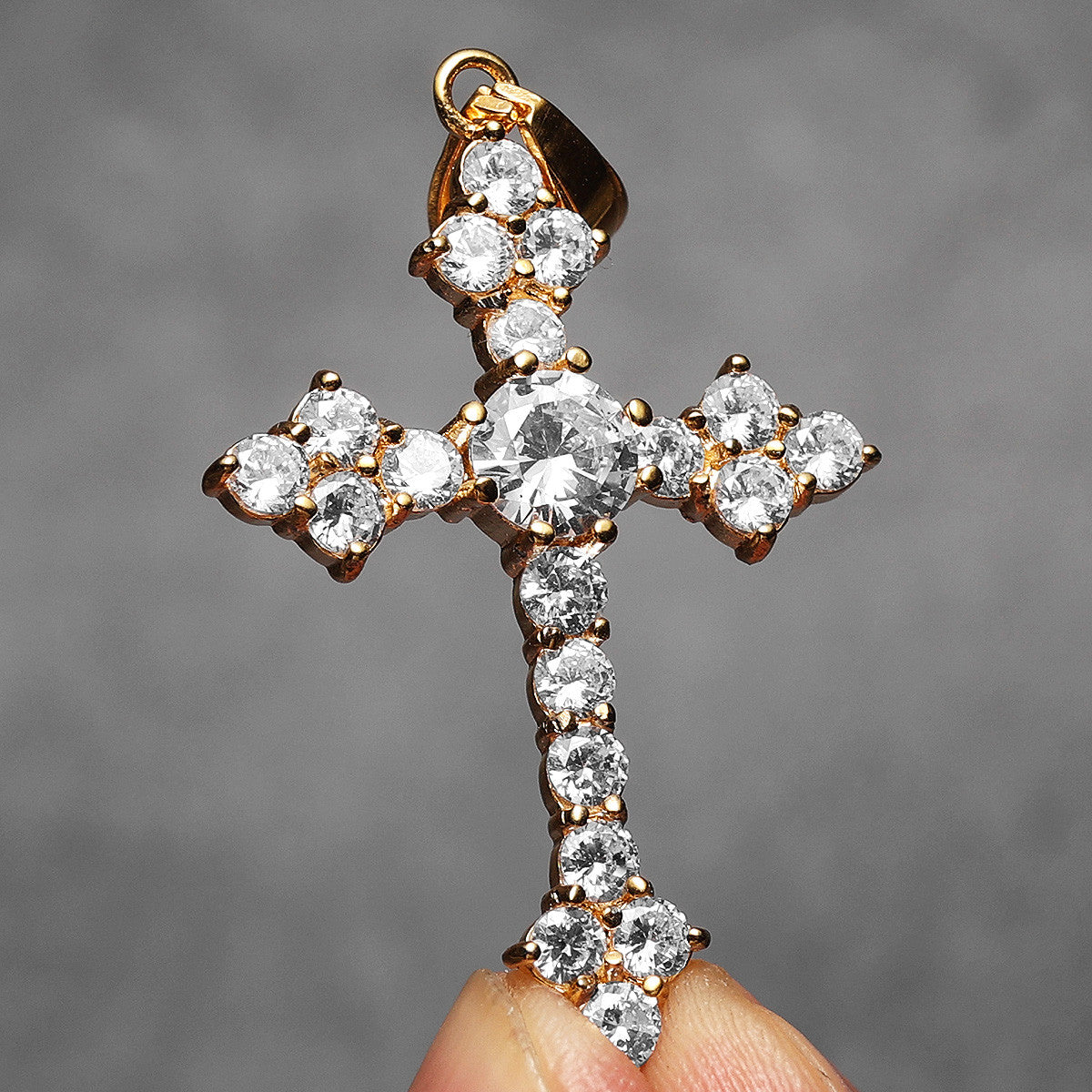 Gemstone Simple Cross | No Fade Stainless Steel Iced CZ Stone 14k Gold Bling Cross Pendant