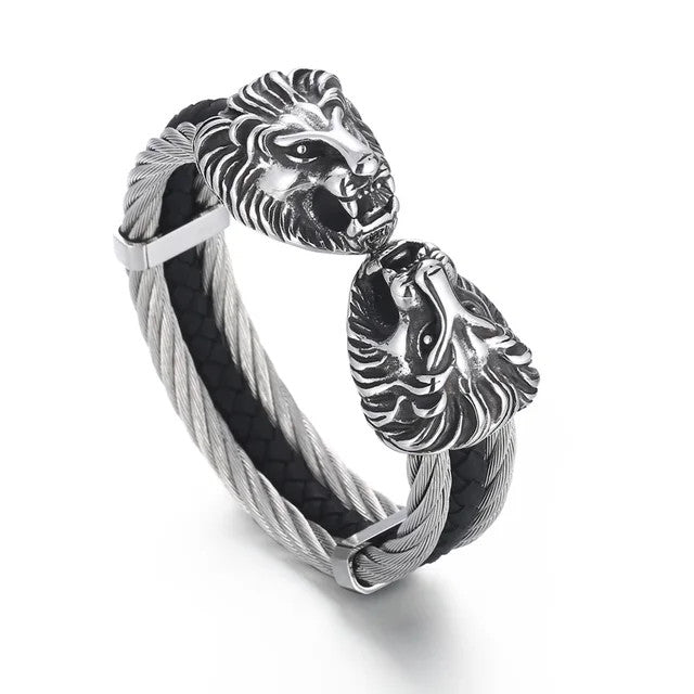 Lionheart | Triple Twisted Cable Lion Head Bangle Bracelet