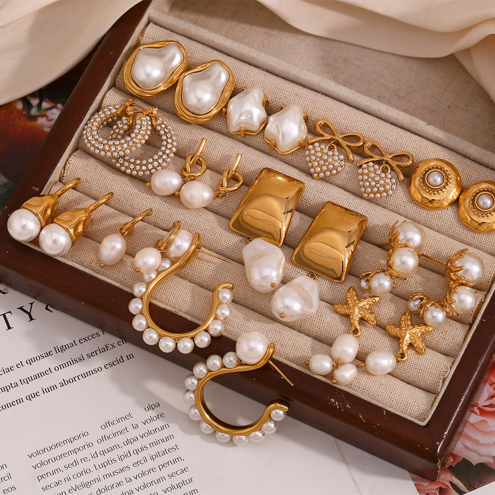 Ladies 10 styles Imitaion Pearl 18k Gold Waterproof Stainless Steel Earrings