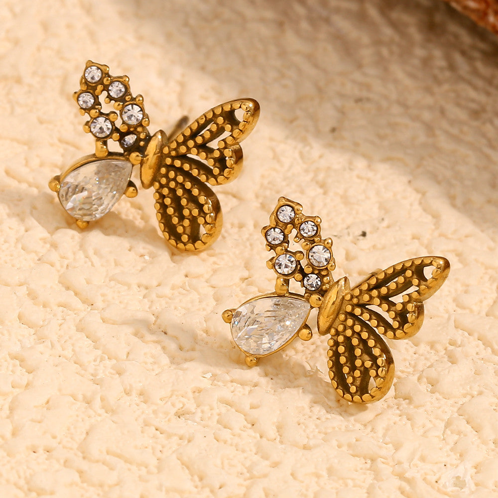 18k Gold Stainless Steel Half Set Zircon Butterfly Stud Waterproof Earrings