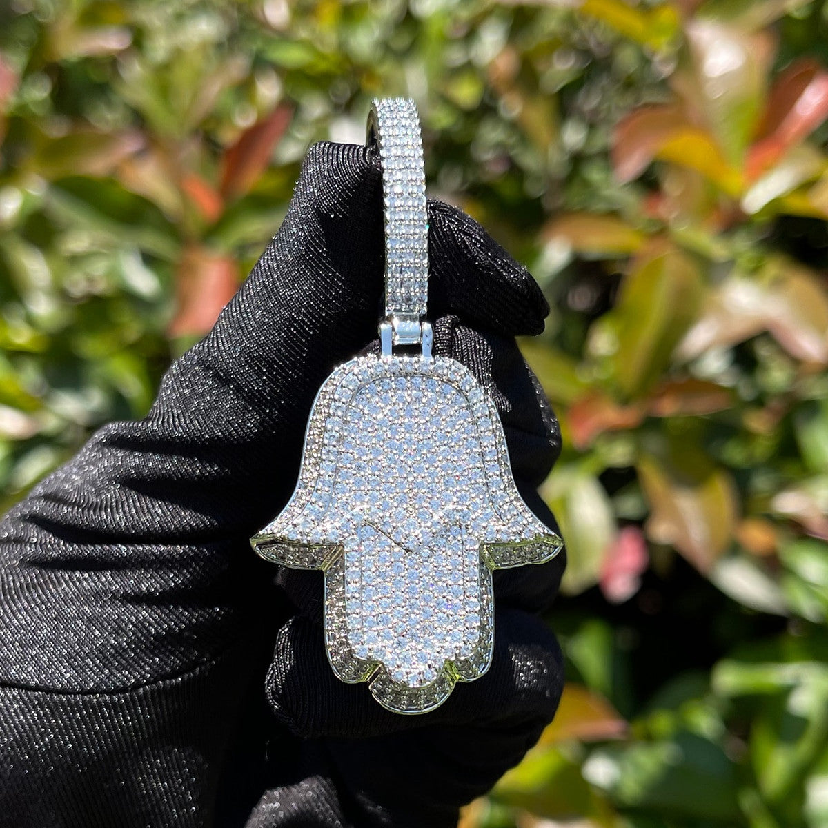 Crushed Ice Bling Out 3D Hamsa Hand Hip Hop Pendant Chain Necklace