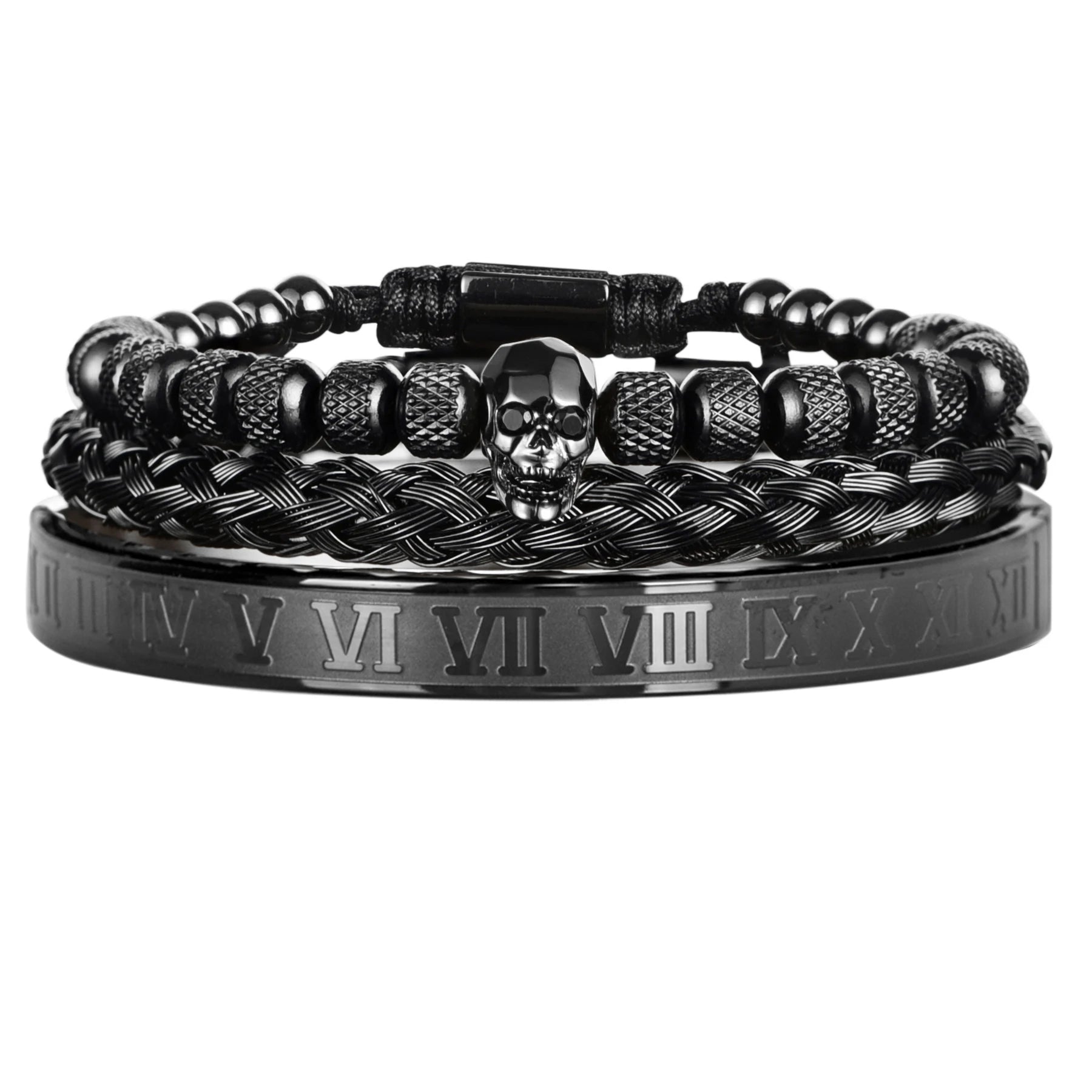 Secret Society | Luxury 3 Piece Stainless Steel Skull Roman Numerals Bracelet Set