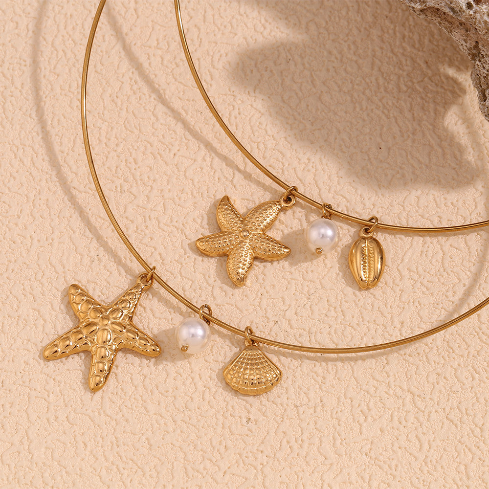 Solid Stainless Steel Starfish Scallop Pearl Waterproof 18k Gold Pendant Chain Necklace