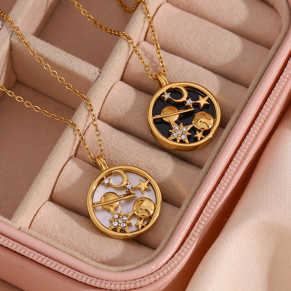 Women's Stainless Steel Black White Shell Moon Star Universe Coin 18k Gold Waterproof Necklace