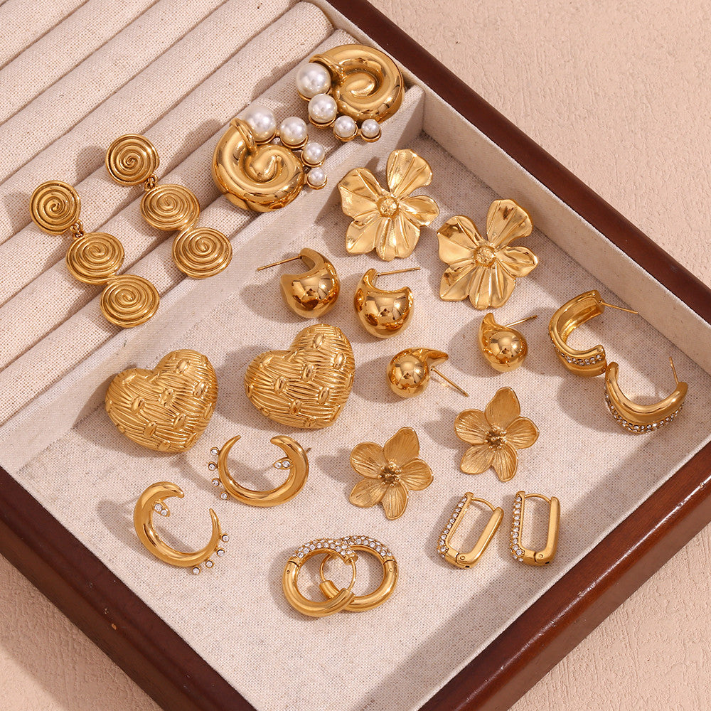 Ladies 18k Gold Stainless Steel Circular Hollow Tear Drop Heart Hoop Bling Bling Earrings