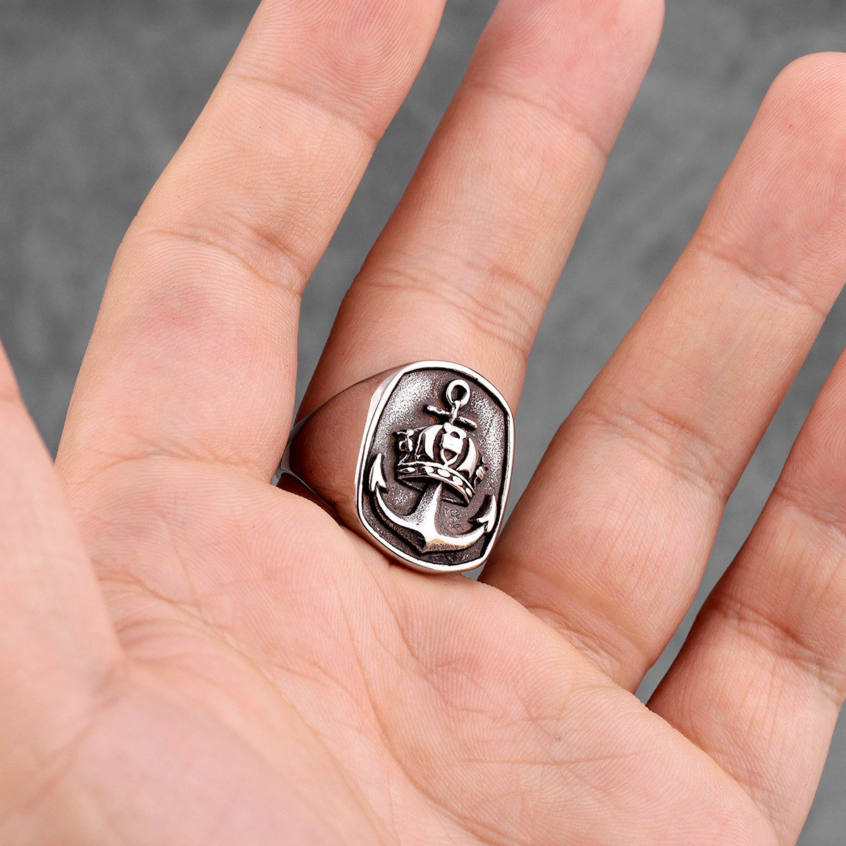 Antique Anchor | Solid Stainless Steel Crown Men's Nautical Anchor Rings