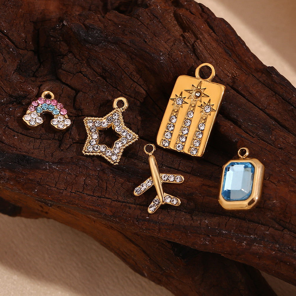 Charms | 18k Gold Stainless Steel No Fade Bead Heart-shaped Key Rainbow Necklace Charms