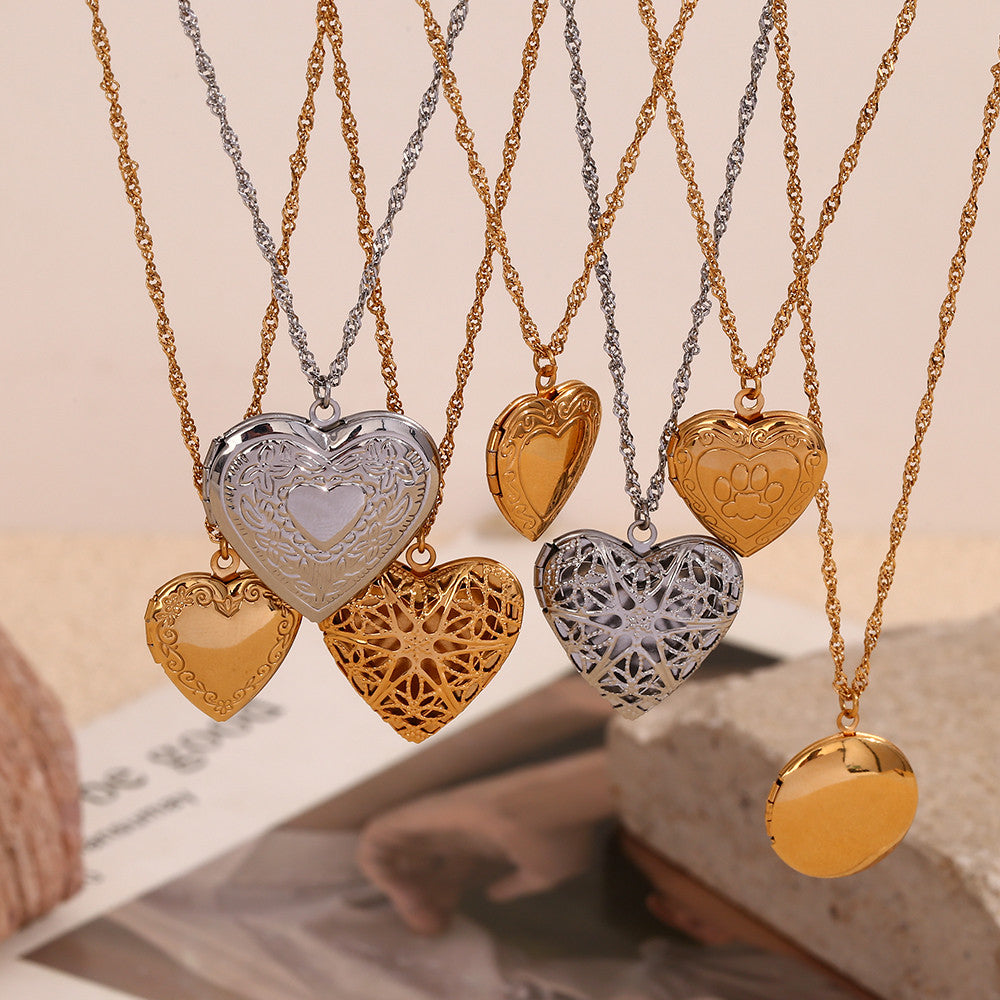 Ladies 18k Gold Waterproof Stainless Steel Flower Pattern Hollow Heart Photo Box Necklace