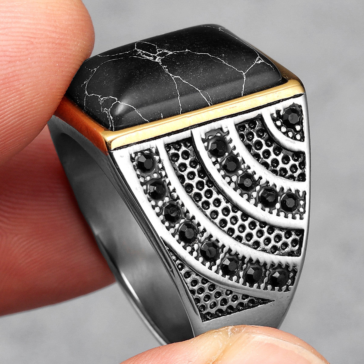 The Blackstone | 316L No Fade Stainless Steel Simple Gemstone Hip Hop Ring