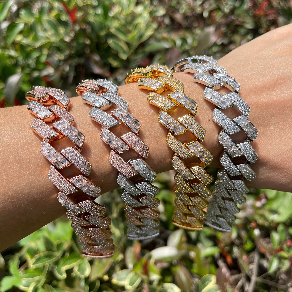 Mens Half Baguette Half Pave Flooded Ice Cuban Link Hip Hop Bracelets