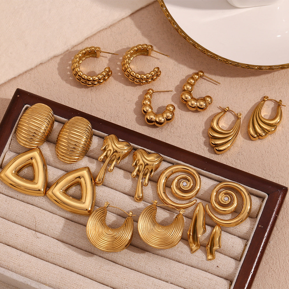 Ladies 18k Gold Stainless Steel Waterproof CZ Assortment Wave Sea Shell High Fashion Earrings