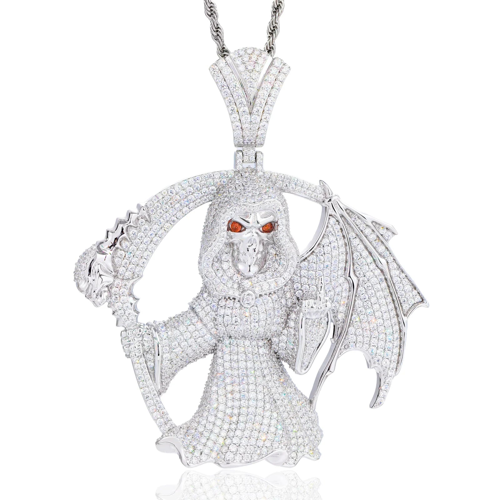 Middle Finger Reaper | Moissanite Diamond 925 Silver Hip Hop One Wing Scythe Grim Reaper Pendant