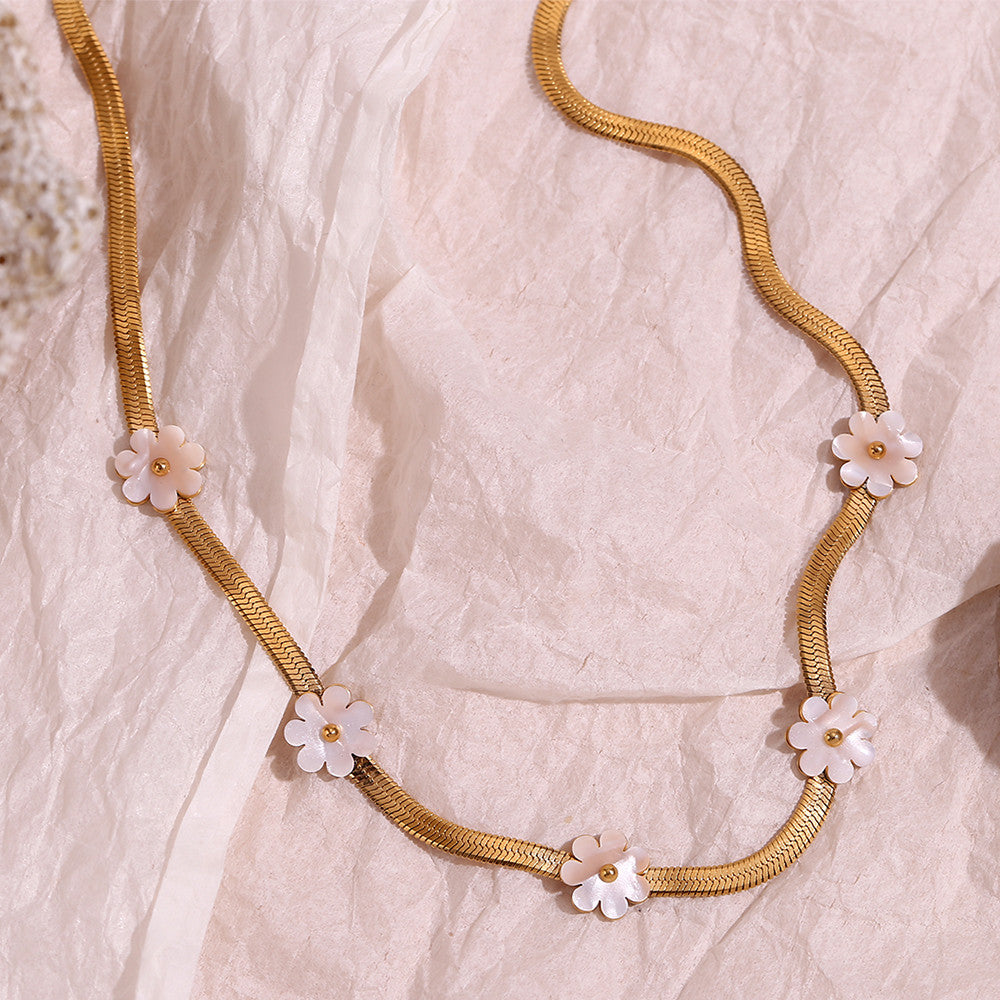 18k Gold over Stainless Steel Waterproof Herringbone Chain Shell Flower Necklace