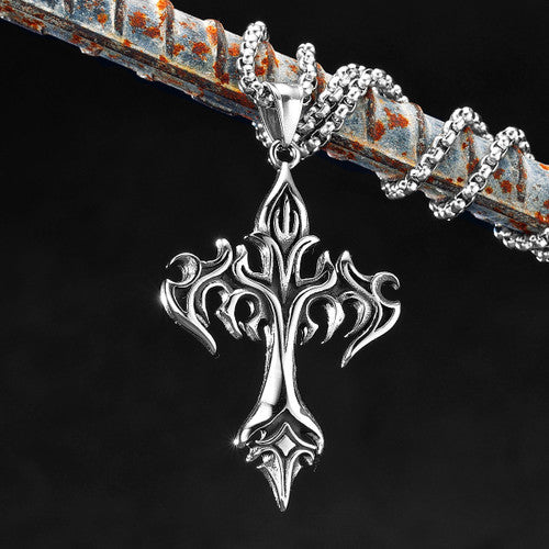 Mens Street Wear Fire Vulcan Cross No Fade Stainless Steel Pendant Chain Necklace