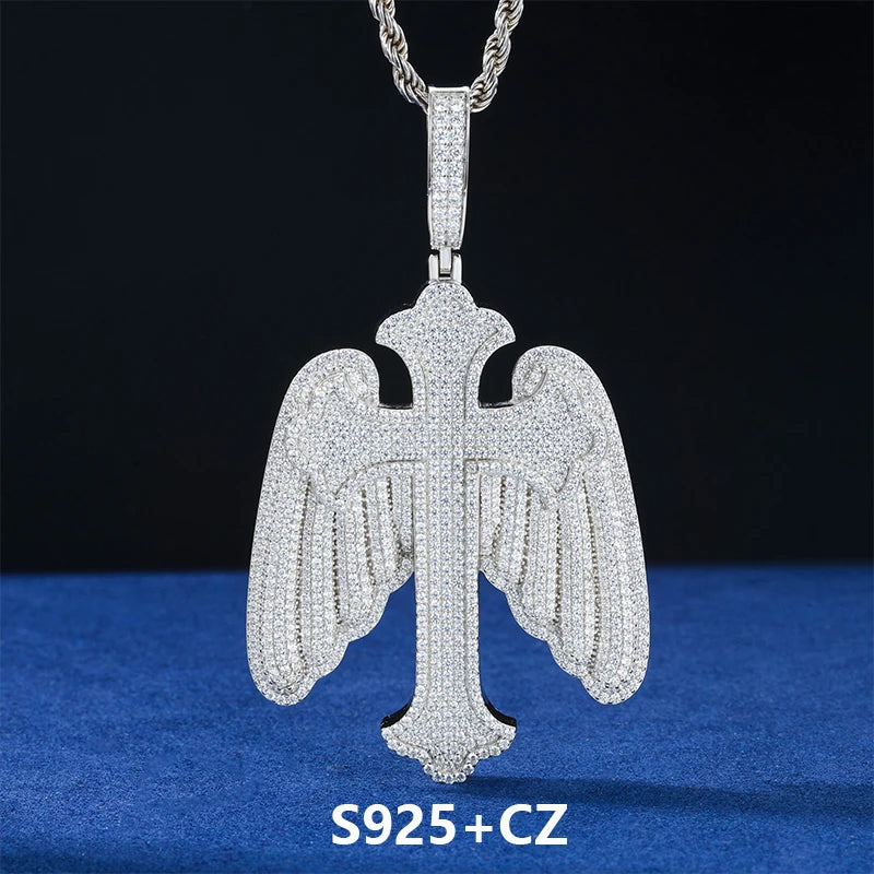 The Bling Angel | VVS Moissanite Diamond Angel Wings Cross 925 Silver Hip Hop Pendant