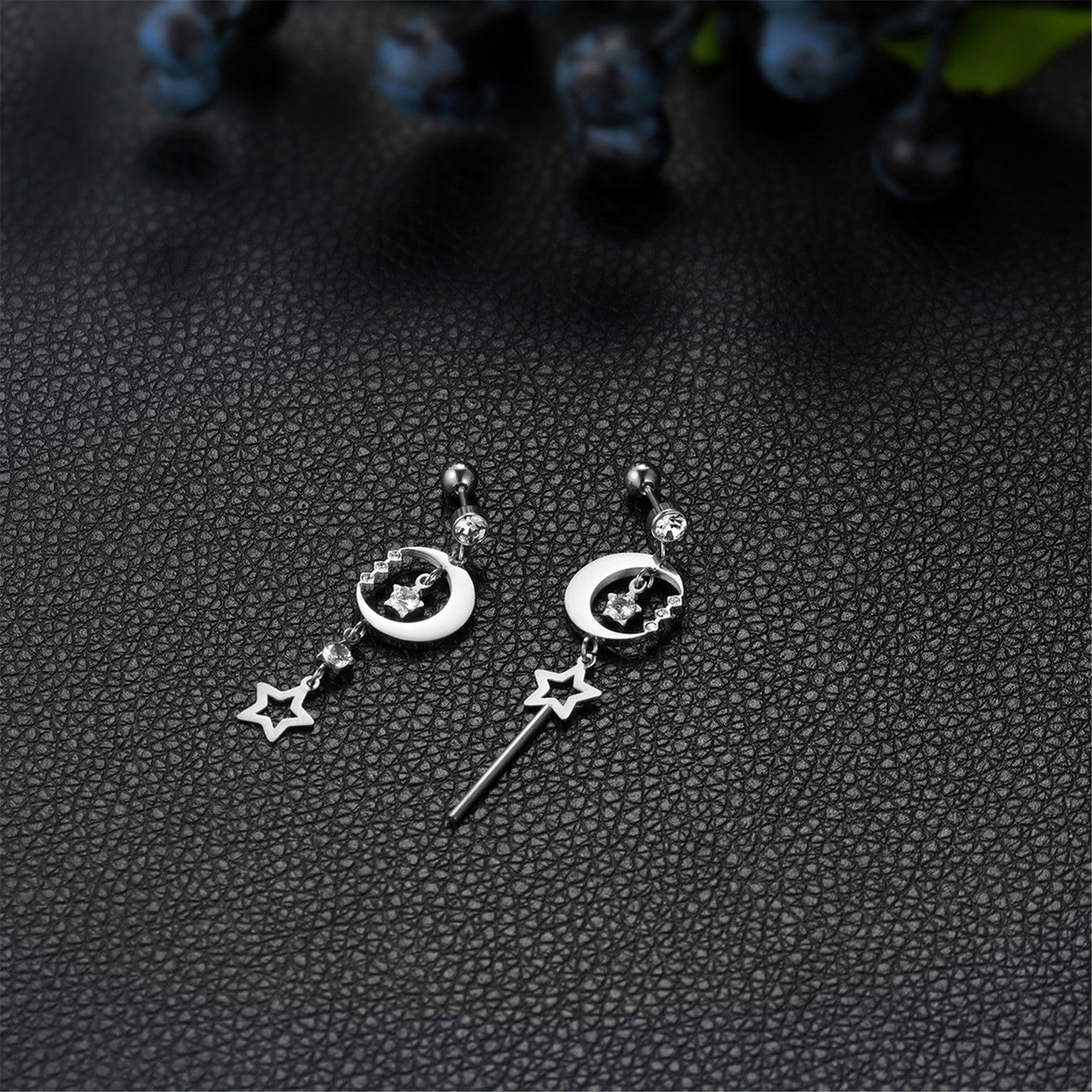 Stainless Steel Moon Star Dangling 14k Gold Silver Bling Earrings