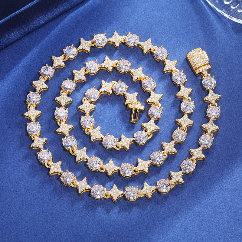 Solid Sterling Silver Circle Star Diamond Moissanite Iced Hip Hop Chain Necklace