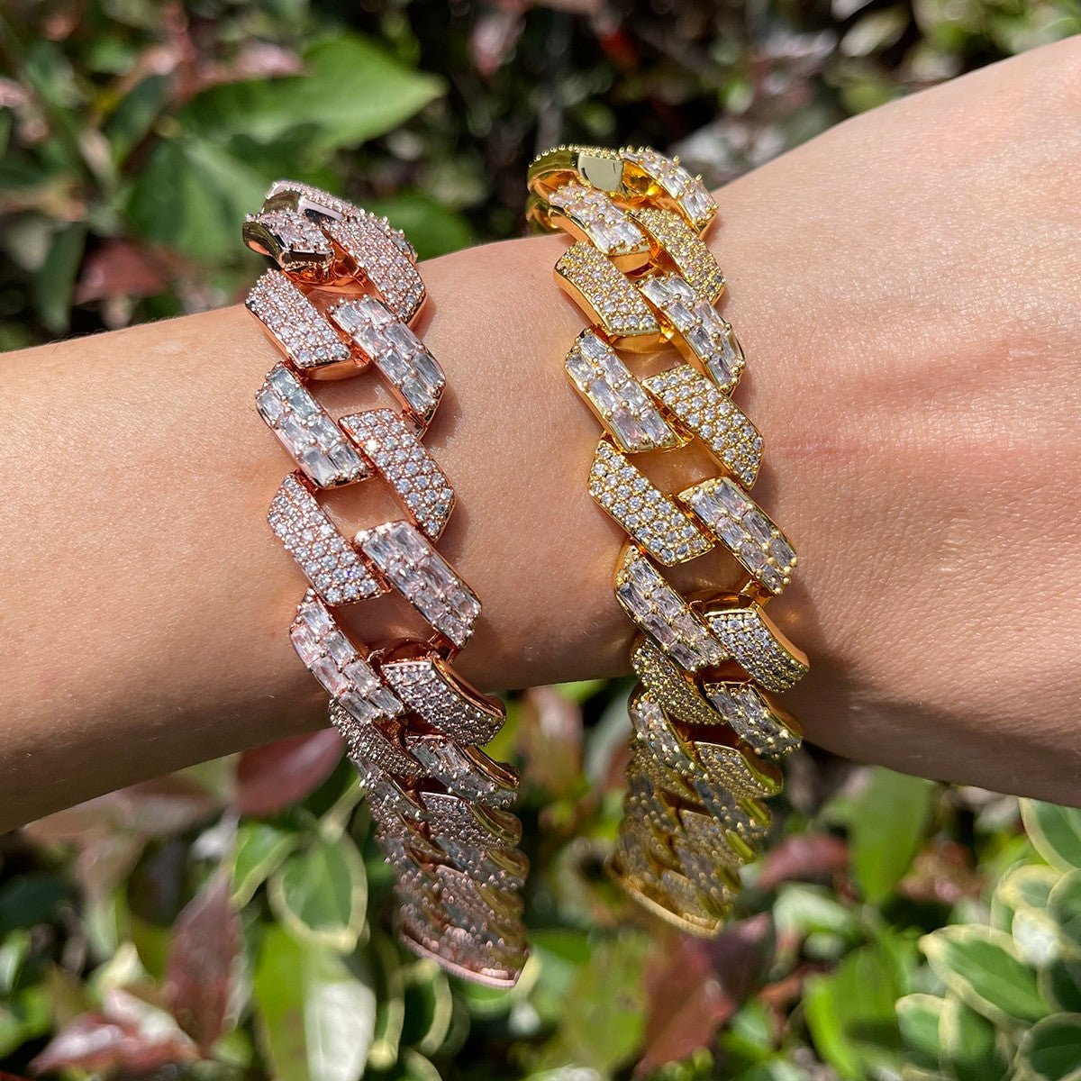 Mens Half Baguette Half Pave Flooded Ice Cuban Link Hip Hop Bracelets