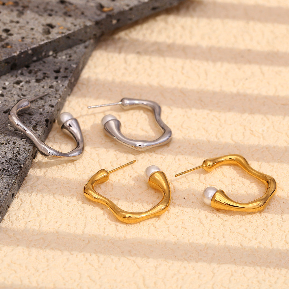 Ladies 18k Gold Silver No Fade Stainless Steel Smooth C-shaped Pearl Earrings