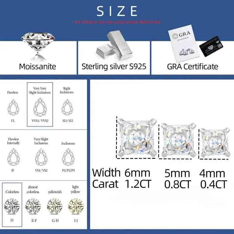 Princess Cut Stud | 0.4-1.2ct Princess Cut D VVS1 Moissanite Solid 925 Stud Earrings