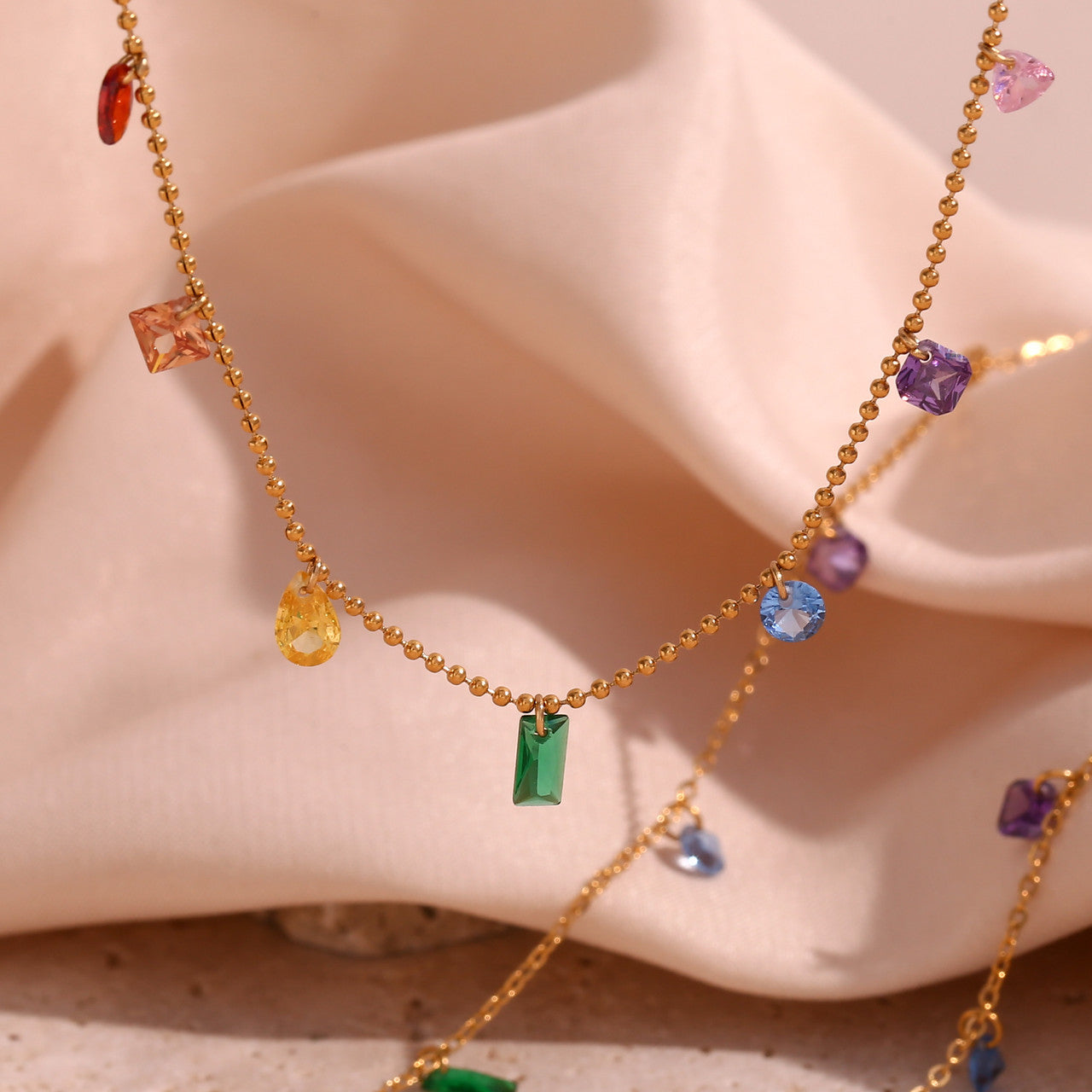 18k Gold Stainless Steel Waterproof Cubic Zirconia Stone Necklace Bracelet Anklet Jewelry Set