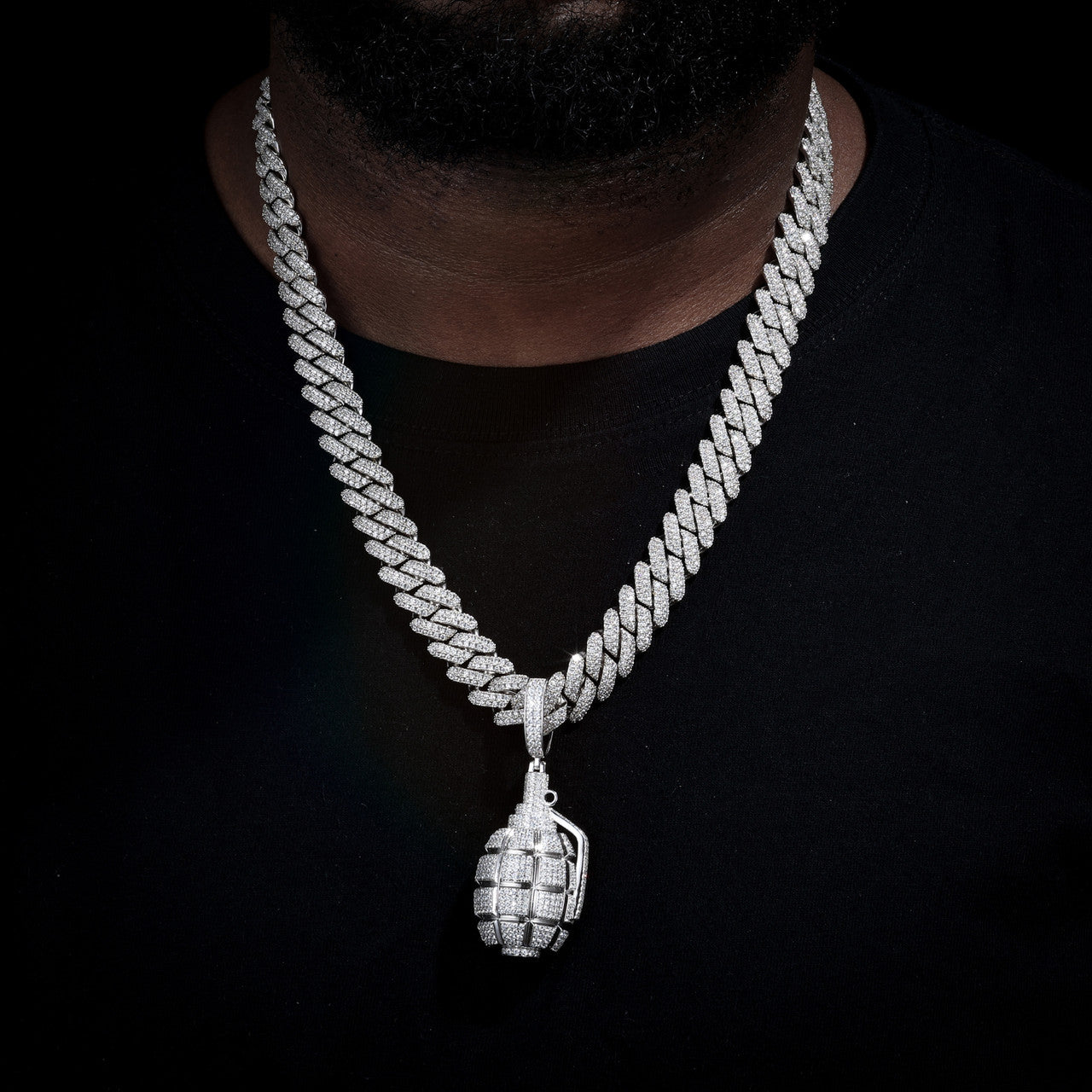 Fire In The Hole | Solid 925 Silver Iced Blinged Out Moissanite Retro Grenade Hip Hop Pendant