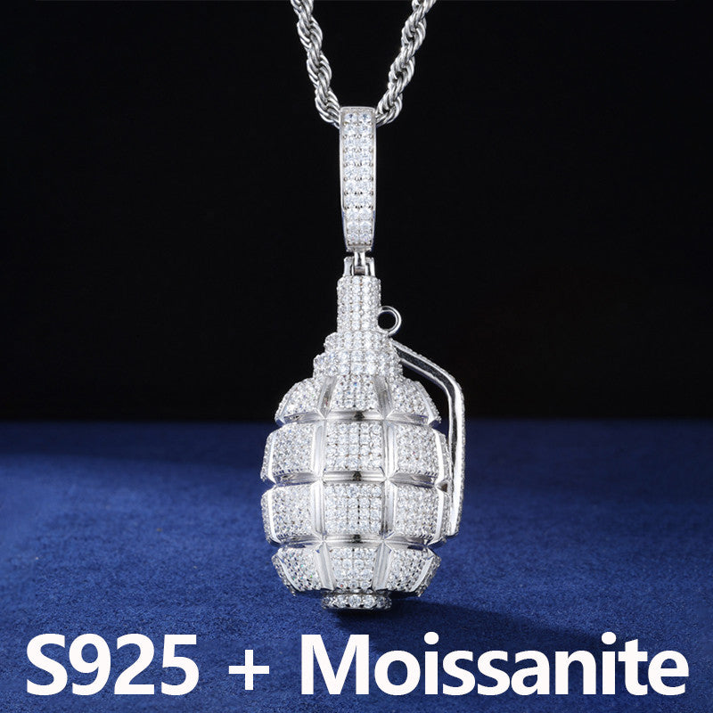 Fire In The Hole | Solid 925 Silver Iced Blinged Out Moissanite Retro Grenade Hip Hop Pendant