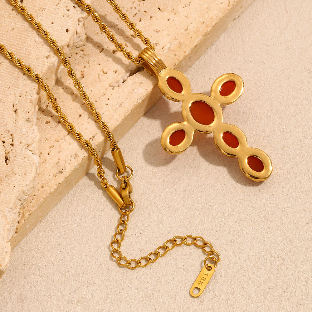 18k Gold Stainless Steel Waterproof Green/Red Color Oval Gemstone Cross Pendant Necklace