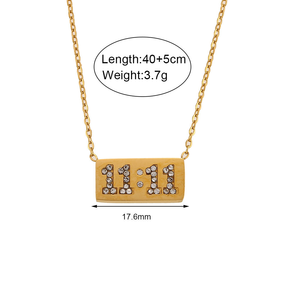 Ladies 18k Gold Stainless Steel Angel Numbers 11:11 Rectangle Pendant Plate Necklace