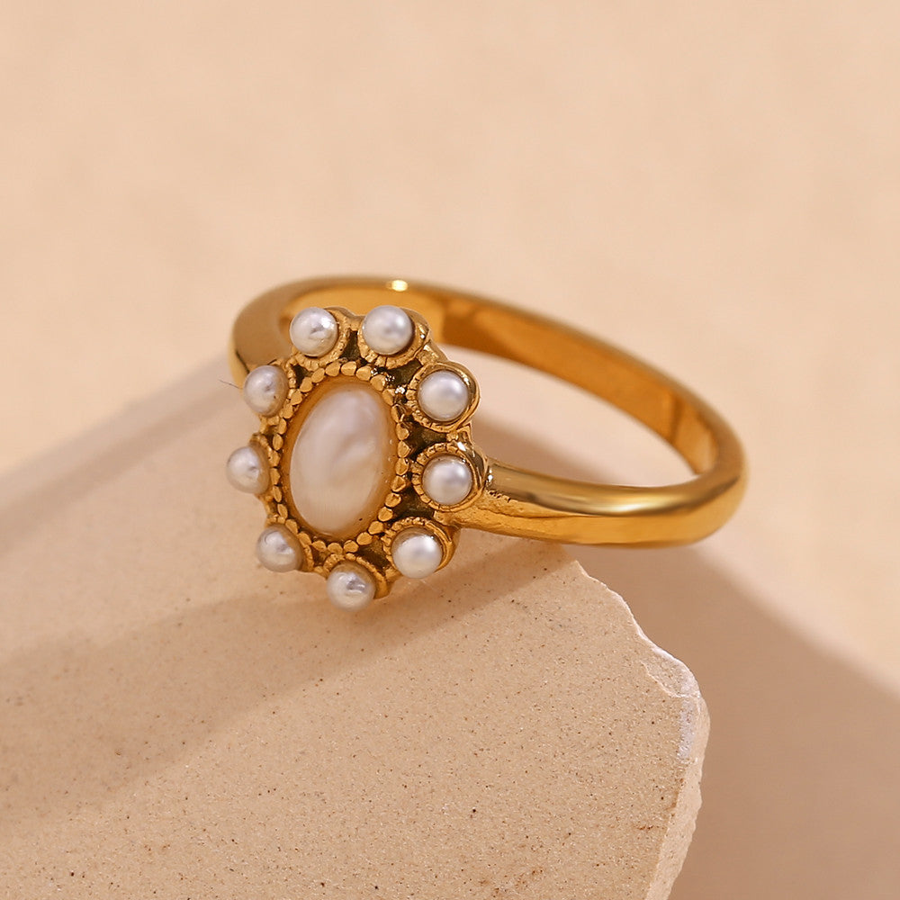 Luxurious Elegant 18k Gold Fashion Pearl Stainless Steel Waterproof Ring