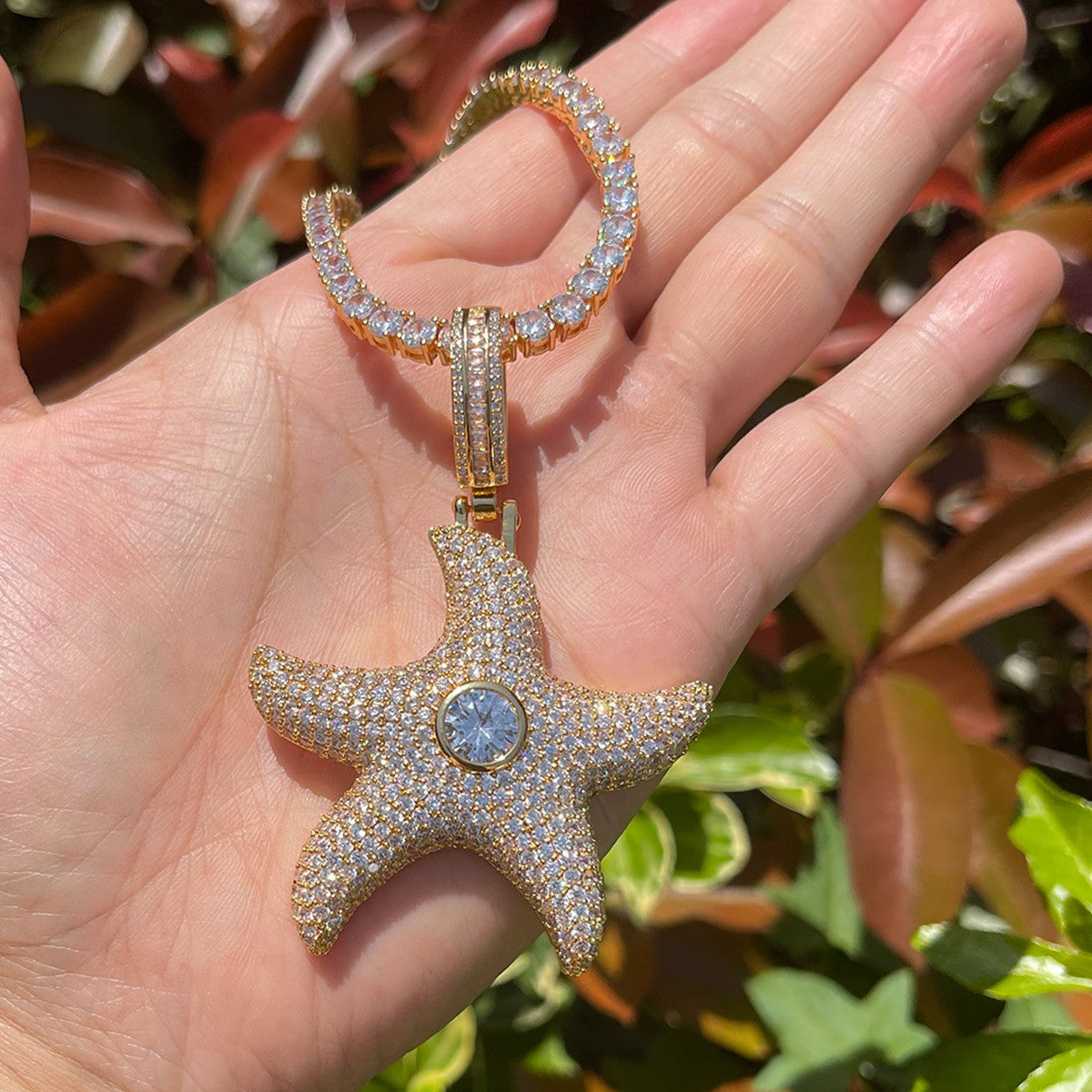 Center Stone Superstar Starfish Flooded Ice Streetwear Hip Hop Pendant Chain Necklaces