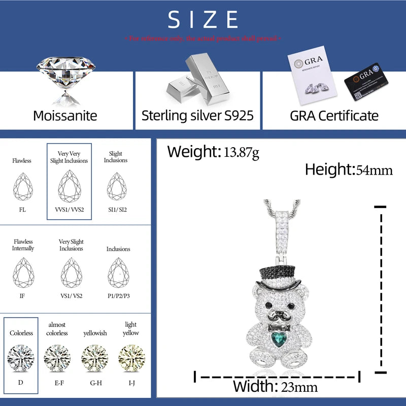 Gentleman Bear Family | 925 Sterling Silver Moissanite Diamond Iced Blinged Out Pendant