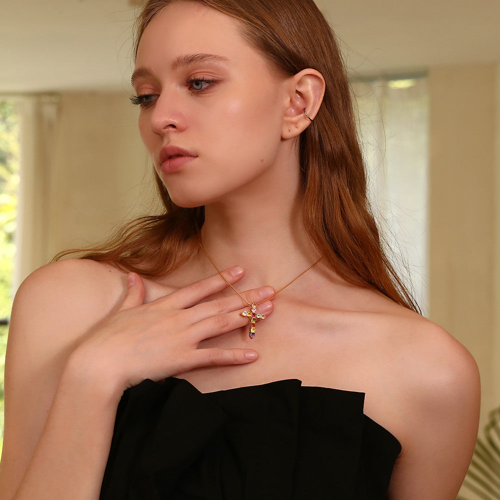 18k Gold Stainless Steel Luxury Colored CZ Cross Pendant Bling No Tarnish Women's Necklace