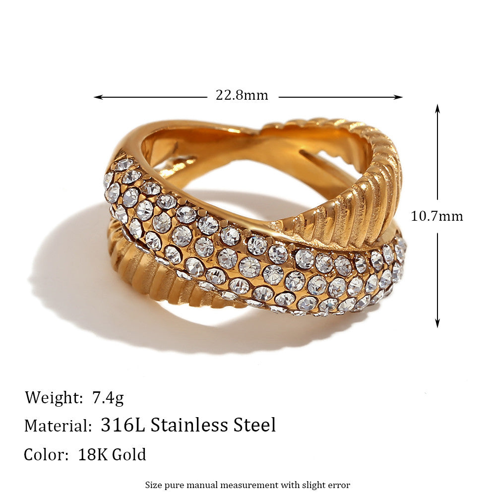 Women's 18k Gold White Zircon Flower Three Layer Wave Pattern Cross Diagonal Rings