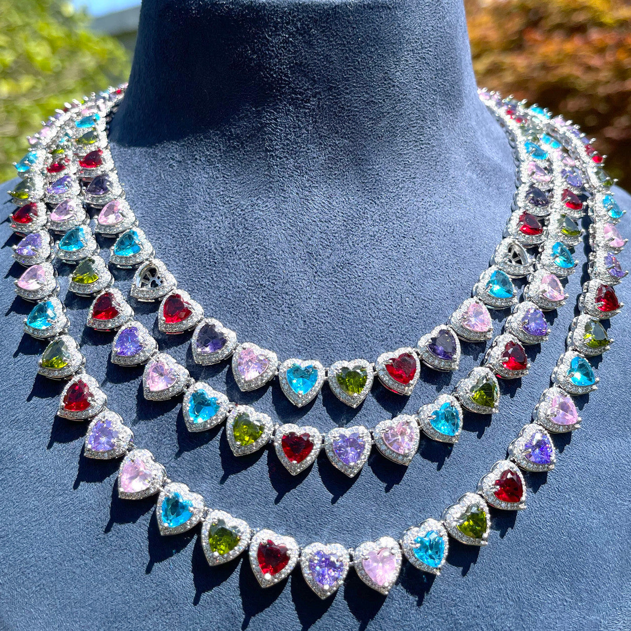Love Burst | Heart Shape Colorful Cluster Gemstone Iced Tennis Chain Necklace