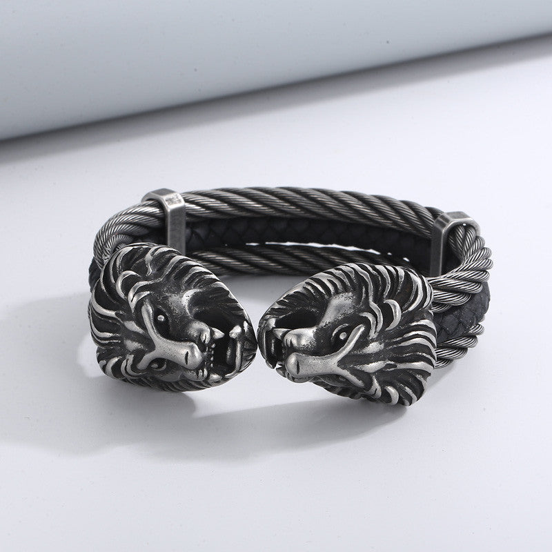 Lionheart | Triple Twisted Cable Lion Head Bangle Bracelet