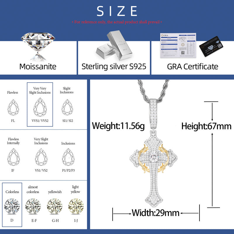Thorns | Moissanite Diamond 925 Sterling Silver Hip Hop Cross Pendant Necklace