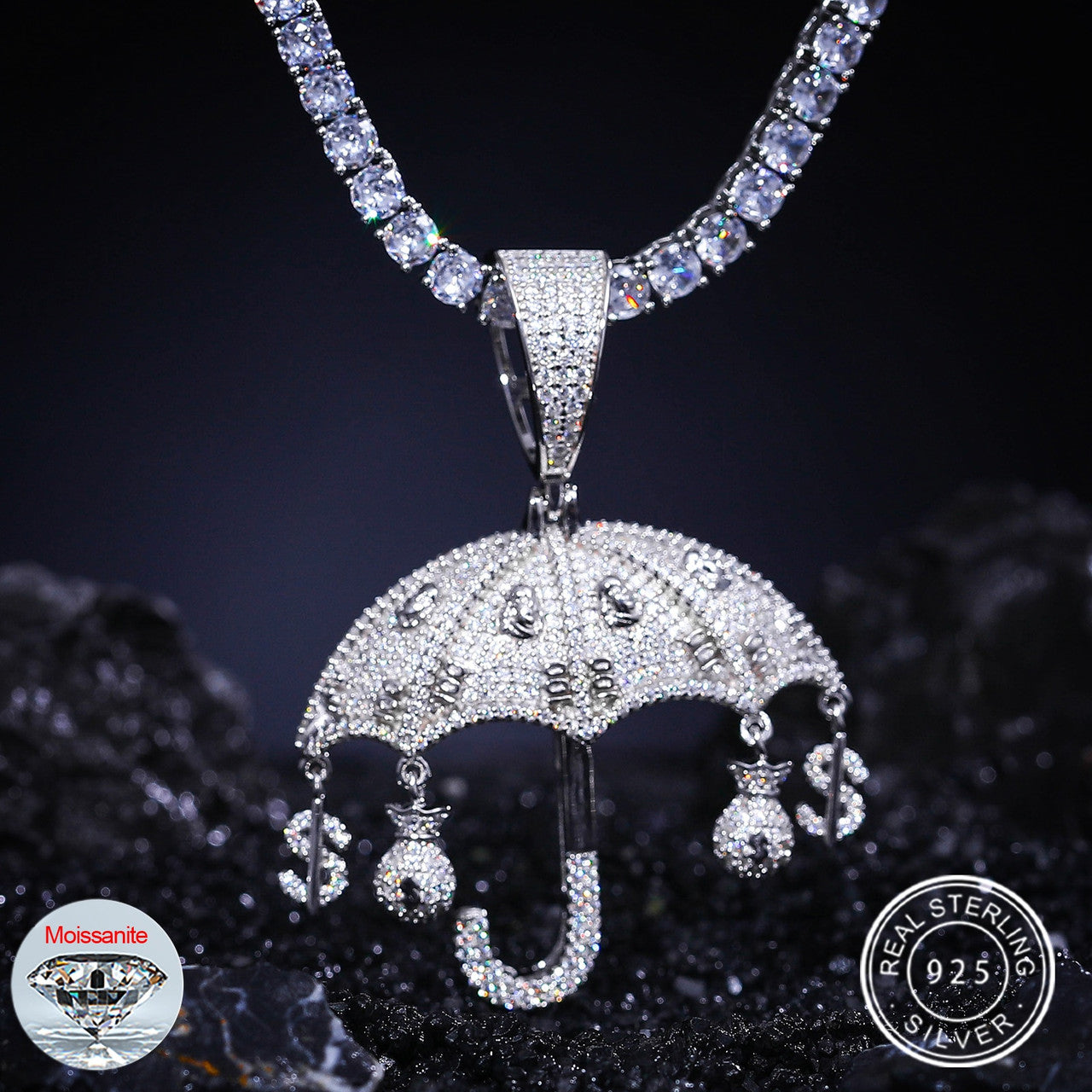 Genuine VVS Diamond Solid Sterling Silver Raining Money Bag Umbrella Hip Hop Chain