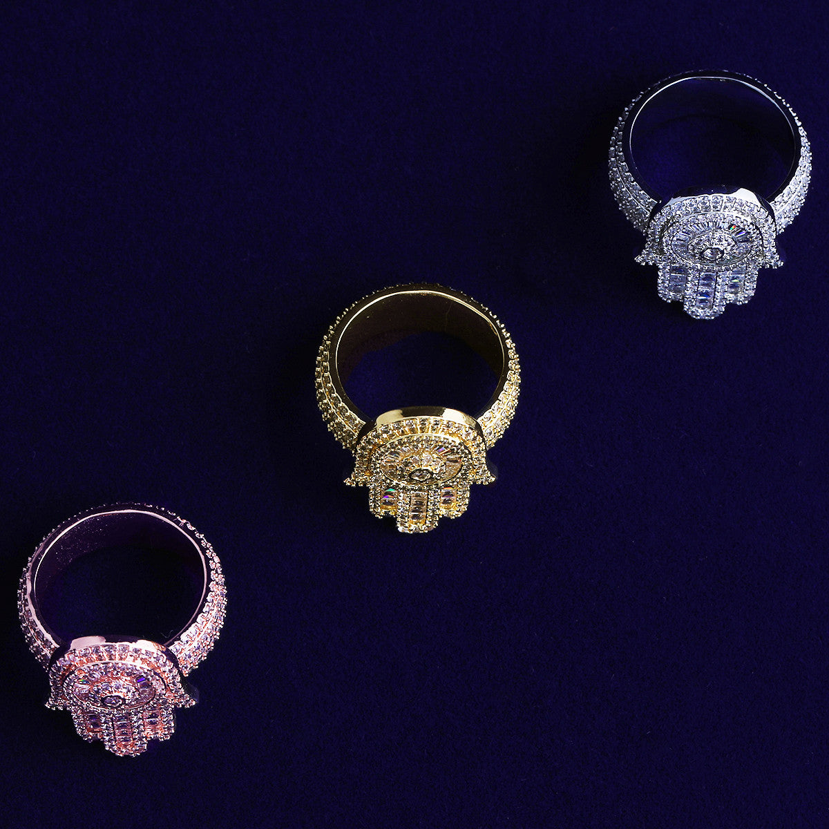 Hand To Hand | VVS Diamond CZ 925 Silver 24k Rose Gold Hamsa Hand Of Fatima Hip Hop Ring