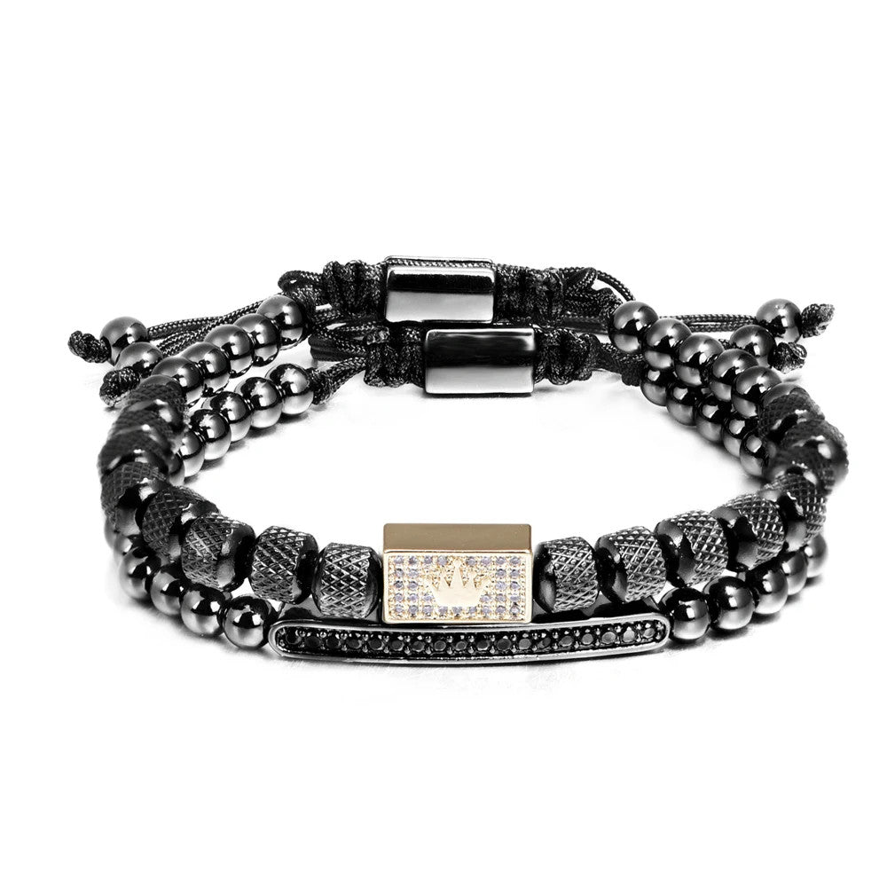 Mens Kings Crown 2 Piece Stainless Steel Simulate Diamond Bracelet Set