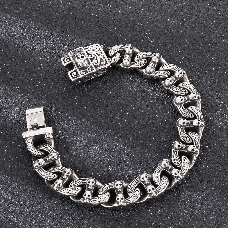 Skullsteel | Mens No Fade Stainless Steel Skull Cuban Link Hip Hop Rock Bracelet