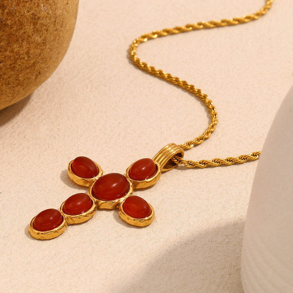 18k Gold Stainless Steel Waterproof Green/Red Color Oval Gemstone Cross Pendant Necklace