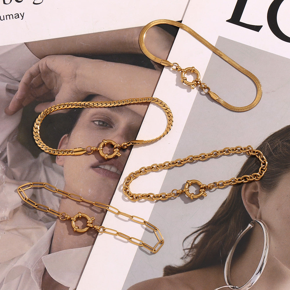 Solid Stainless Steel 18k Gold No Fade Slingshot Buckle Paper Clip Chain Bracelet