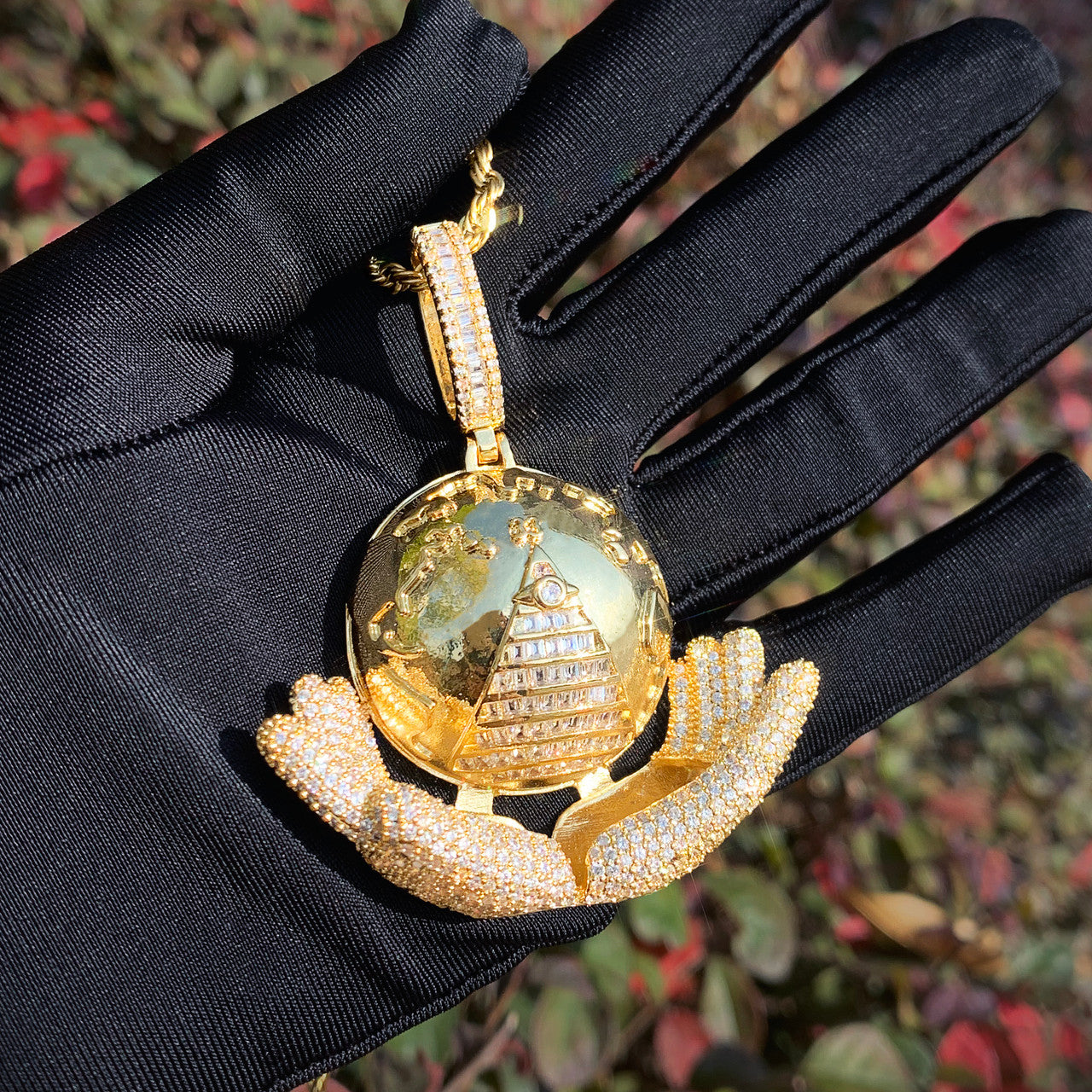 My World | Iced Blinged Out Baguette The World In My Hands Pyramid Illumination Pendant
