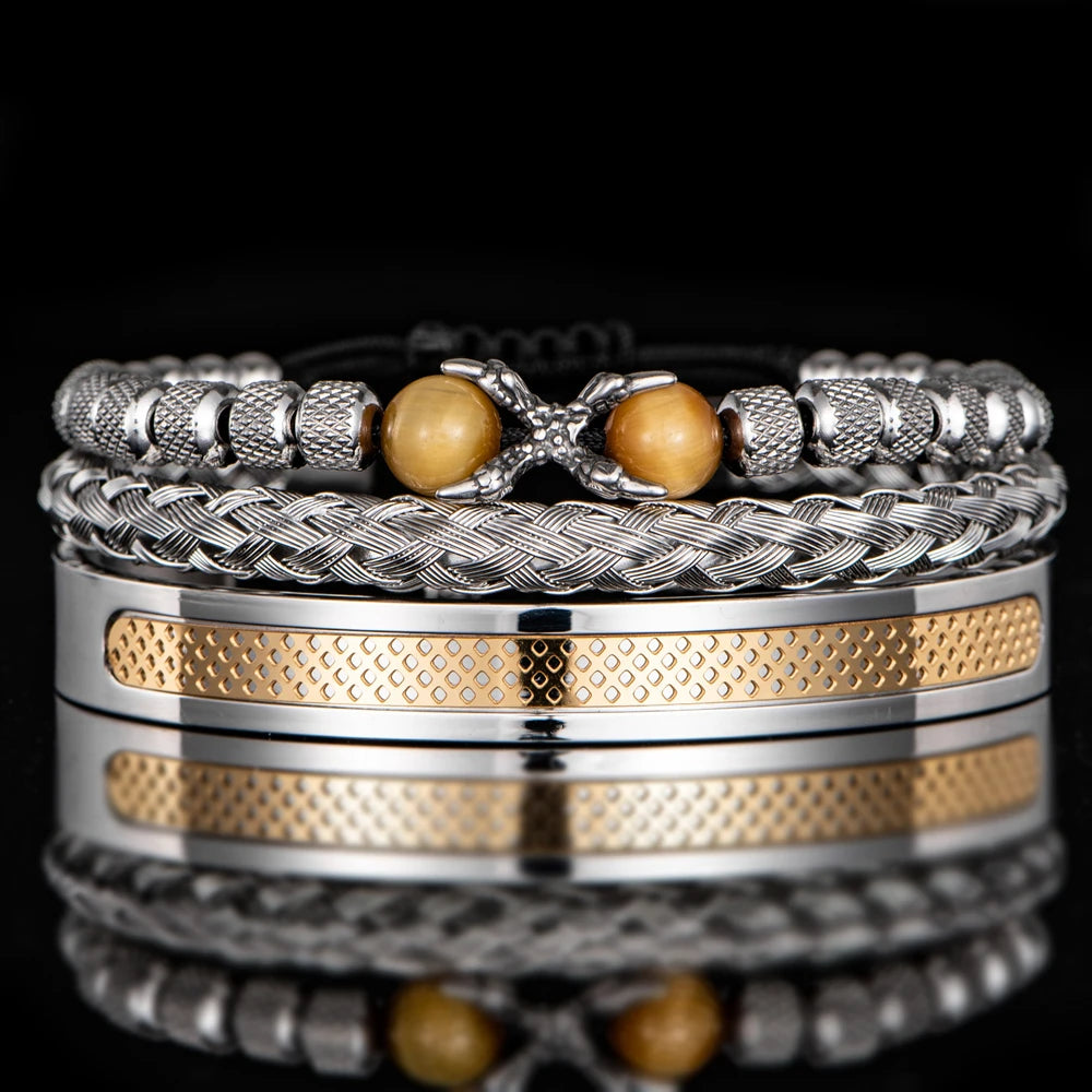 Primal | Tigers Eye Eagles Talon 3 Piece Natural Stone Stainless Steel Bracelet Set